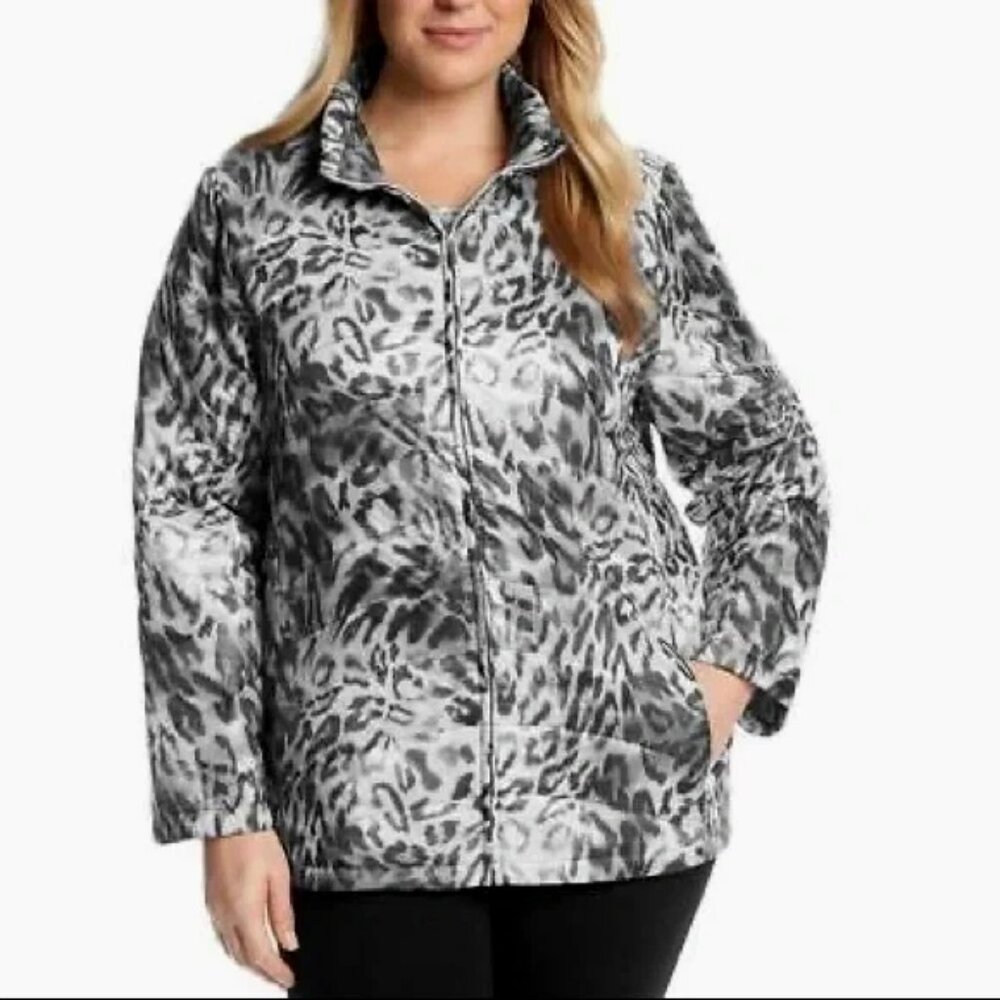 Alfred Dunner 22W Puffer Jacket Blk/Wht Leopard Print Grannycore Bold Neutrals
